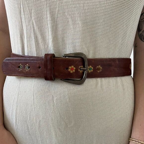 Vintage Womens Brown Leather Hand Painted Rainbow Floral Bohemian Belt Sz M main image 5